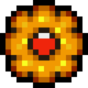 A pixelated golden flower with a red center on a black background.