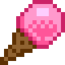 Ice cream cone with a pink scoop and brown cone in a pixel art style.