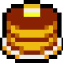 A stack of three golden brown pancakes topped with a melting square of yellow butter in a pixel art style.