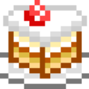 Cake slice with white frosting and a red cherry on top in a pixel art style.