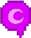 Purple speech bubble containing a light pink crescent moon symbol in a pixel art style.