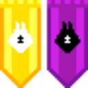 Two pixel art banners, one yellow with a white icon and one purple with a black icon, standing side by side.