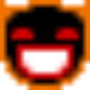 A pixelated face with glowing red eyes and a wide, sinister white grin against an orange background.