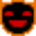 A pixelated black face with glowing red eyes and a wide, sinister grin on an orange background.