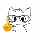 A white line-art cat wearing glasses holds up a yellow index finger in a corrective gesture.