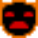 Pixelated face with glowing red eyes and a red mouth on a black background.