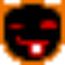 A black pixelated face with glowing red eyes and a tongue sticking out against an orange background.
