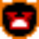 Demon face with glowing red eyes and a white grin on a black background.