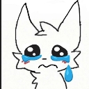 A white cartoon creature with large, glossy eyes and bright blue tears streaming down its face.