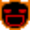 A black pixelated face with glowing red eyes and a wide, sinister open mouth against an orange background.