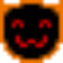 A black pixelated face with glowing red eyes and a mouth forming an uwu expression against an orange background.