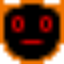 A pixelated face with glowing red eyes and a flat line mouth on an orange background.