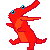 A red pixelated crocodile-like creature performing a dab dance move.
