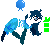 A pixelated character dancing with a glowing blue orb above their head.