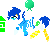A blue character dances repeatedly alongside green balloons and yellow confetti in a pixel art style.
