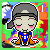 Character with large blue eyes and a gray cap on a colorful pixelated background.