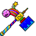 A pixelated hammer with a rainbow handle, a yellow star, and a smiling pink orb attached to the head.