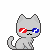 A gray pixel cat transitions through states of wearing 3D glasses and experiencing digital glitch effects.