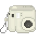 A small white instant camera rendered in pixel art style.