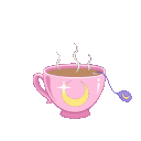 A pink teacup with a golden crescent moon design and a purple tea bag, emitting steam in a pixel art style.