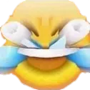 A distorted yellow face with wide eyes and a massive, exaggerated grin, shedding blue tears of laughter.