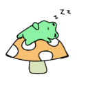 Green frog sleeping on top of an orange and white spotted mushroom with zzz symbols above its head.