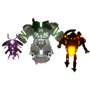Three glowing pixel art creatures in purple, green, and orange stand side by side.