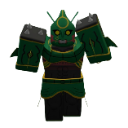 Rayquaza-inspired pixel warrior character standing in a serious pose.