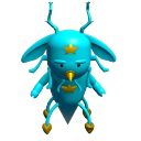 A blue, 3D-styled creature with tusks and gold stars on its forehead and chest looking smug.