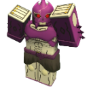 A blocky purple warrior character with glowing red eyes staring forward.
