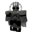 Knight in dark, monochromatic armor standing in a stoic pose.