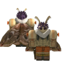 A blocky, 3D-style moth character with purple hair and brown wings stands facing forward.