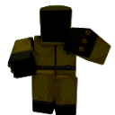 A blocky character wearing a yellow hazmat suit with a black face mask.