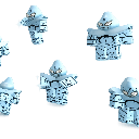 Group of stylized silver and blue crystalline figures standing in a cluster.