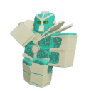 A blocky 3D character with teal and white armor standing in a stoic pose.