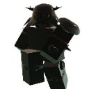 A dark, blocky avatar figure with glowing eyes emerging from a shadowy void.