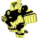 Roblox-style character with a yellow and black color scheme standing in a confident pose.