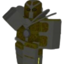 A golden, blocky humanoid figure with a white mask standing in a combat-ready pose.