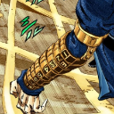 A gold-plated mechanical gauntlet with numbered squares worn on a blue-sleeved arm.