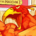 A stylized red and orange phoenix-like bird with a yellow beak, screaming with its mouth wide open.