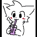 A white line-art creature with a blushing face holding and sipping from a purple cup with a straw.