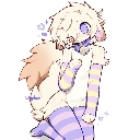 A shy character with messy hair wearing striped clothing looking down with a bashful expression.