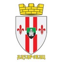 Coat of arms shield featuring red stripes, fleur-de-lis symbols, and a green central emblem topped with a gold crown.