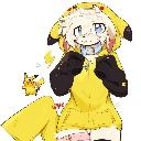 Anime character wearing a yellow Pikachu onesie smiling and posing playfully.