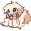 A small, fluffy white and brown creature with large eyes happily eating a snack.