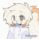 A fluffy white animal in a blue hoodie holding a small blue fish in its mouth with a happy expression.