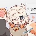 A fluffy anime character with a bell collar waving hello with a paw-shaped hand.