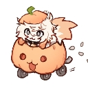 A fluffy white creature with a happy expression sits inside a pumpkin-shaped car that is moving forward.