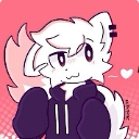 A white anthropomorphic character with a shy expression wearing a dark purple hoodie against a pink background with a small …