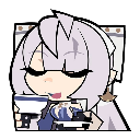 Anime girl with light hair smiling smugly while holding a tea cup.